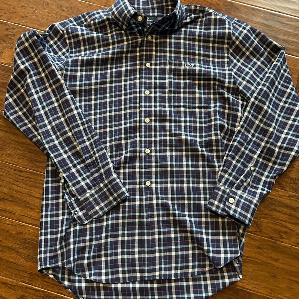 Vineyard Vines Navy, White and Pink Plaid Button-Down Shirt